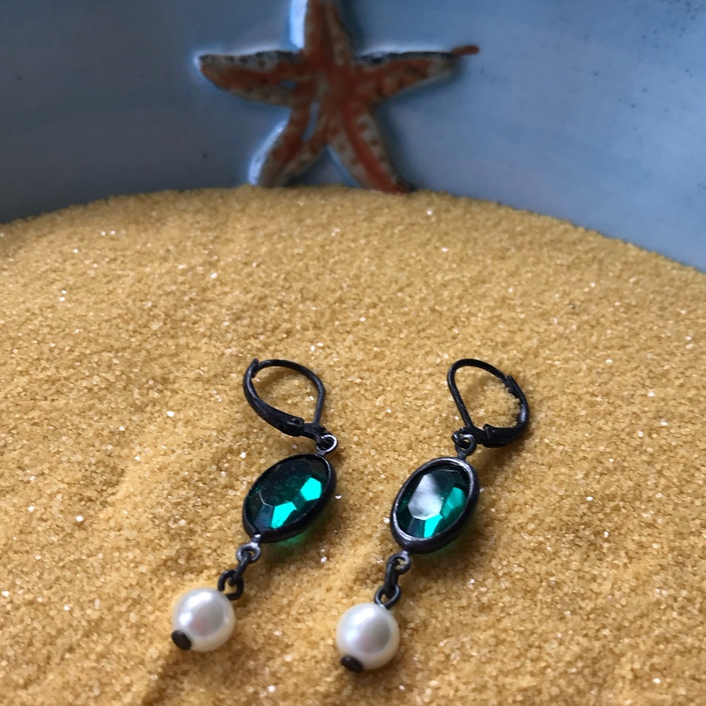Green Stone and Pearl Drop Style Earrings